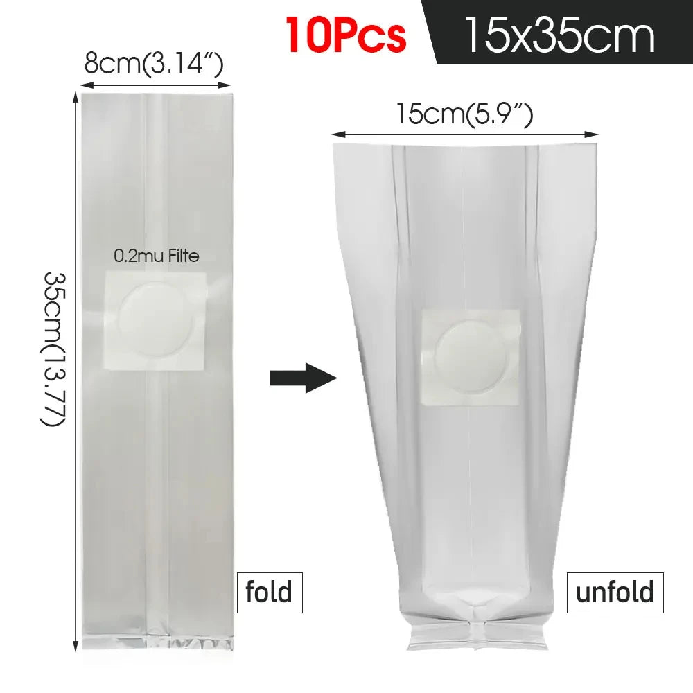 10PCS 0.2um Filter PP Mushroom Grow Bag Transparent Pre Sealable Spawn Media Grow Bag High Temperature for Greenhouse Planting