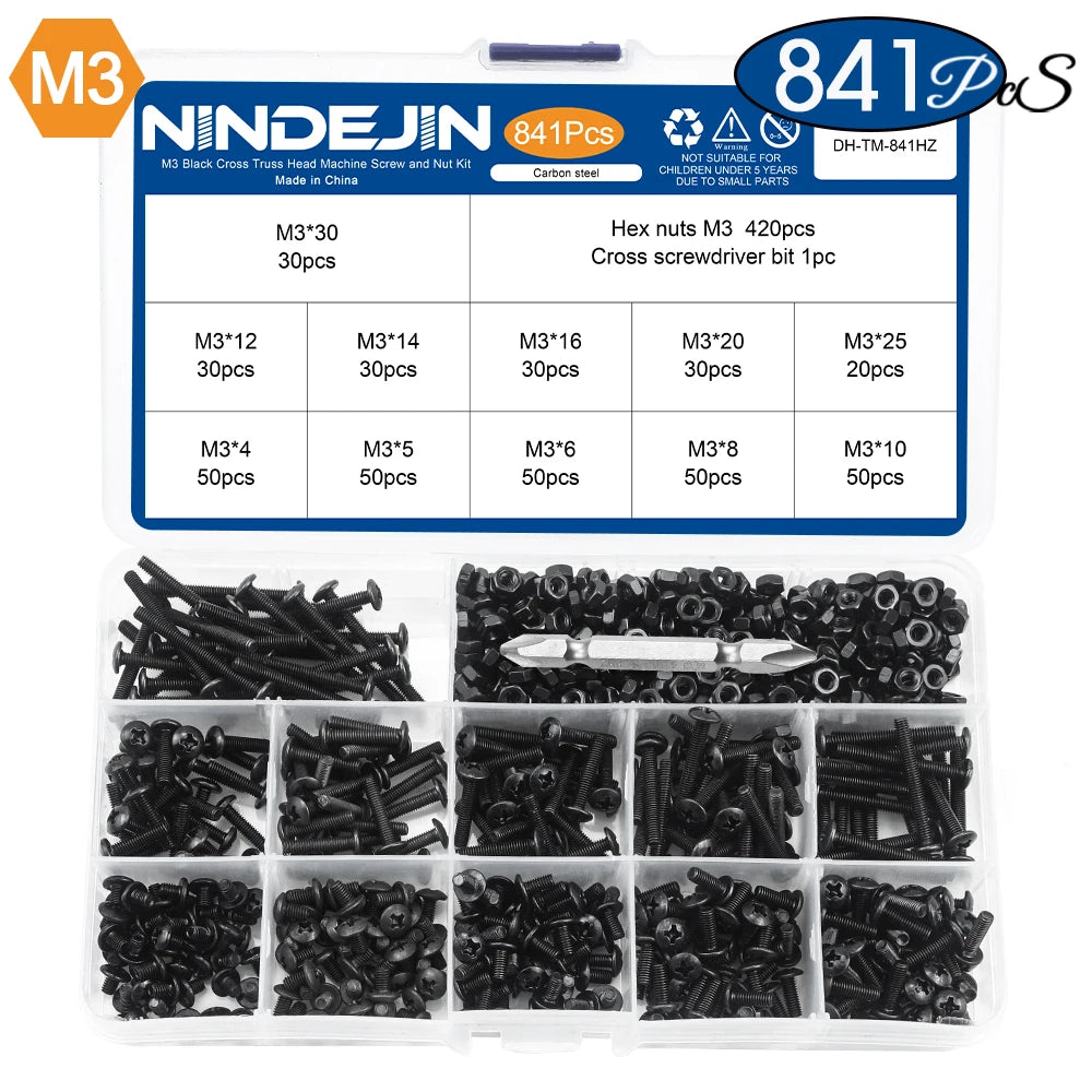 NINDEJIN Truss Head Machine Screw Kit M3 M4 M5 M6 Black Carbon Steel Mushroom Big Truss Head Phillips Machine Screw and Nut Set