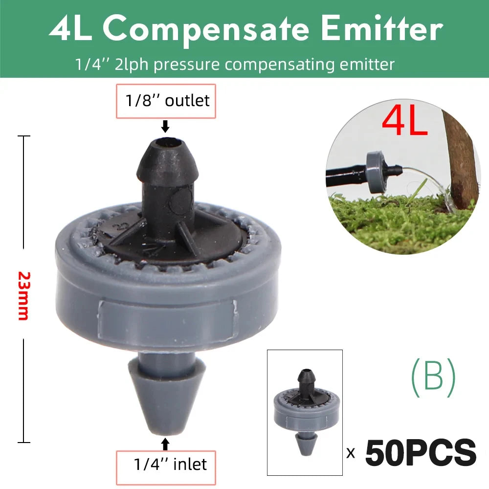 50PCS 2L 4L 8L/H Pressure Compensation Dropper Agricultura Irrigation Emitter Garden Drip for 1/4' PE Hose Greenhouse Watering