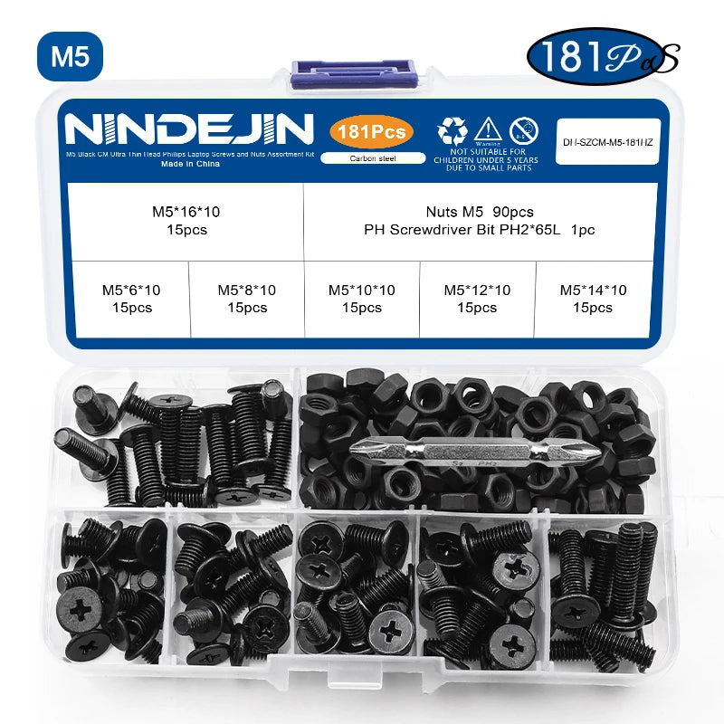 NINDEJIN M2-M6 Thin Flat Head Laptop Screw Set Black Carbon Steel Ultra Thin Wafer Head Phillips Machine Screw Nut Assortment