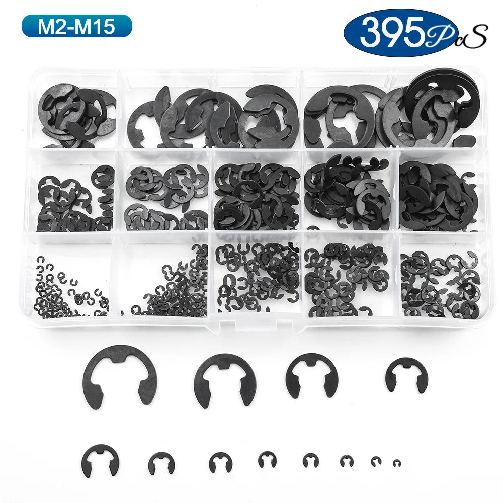 NINDEJIN E Clip Set 395pcs 810pcs M1.2-M15 Black Carbon Steel E-clip Assortment Kit External Retaining Clips Circlip Washer - KiwisLove