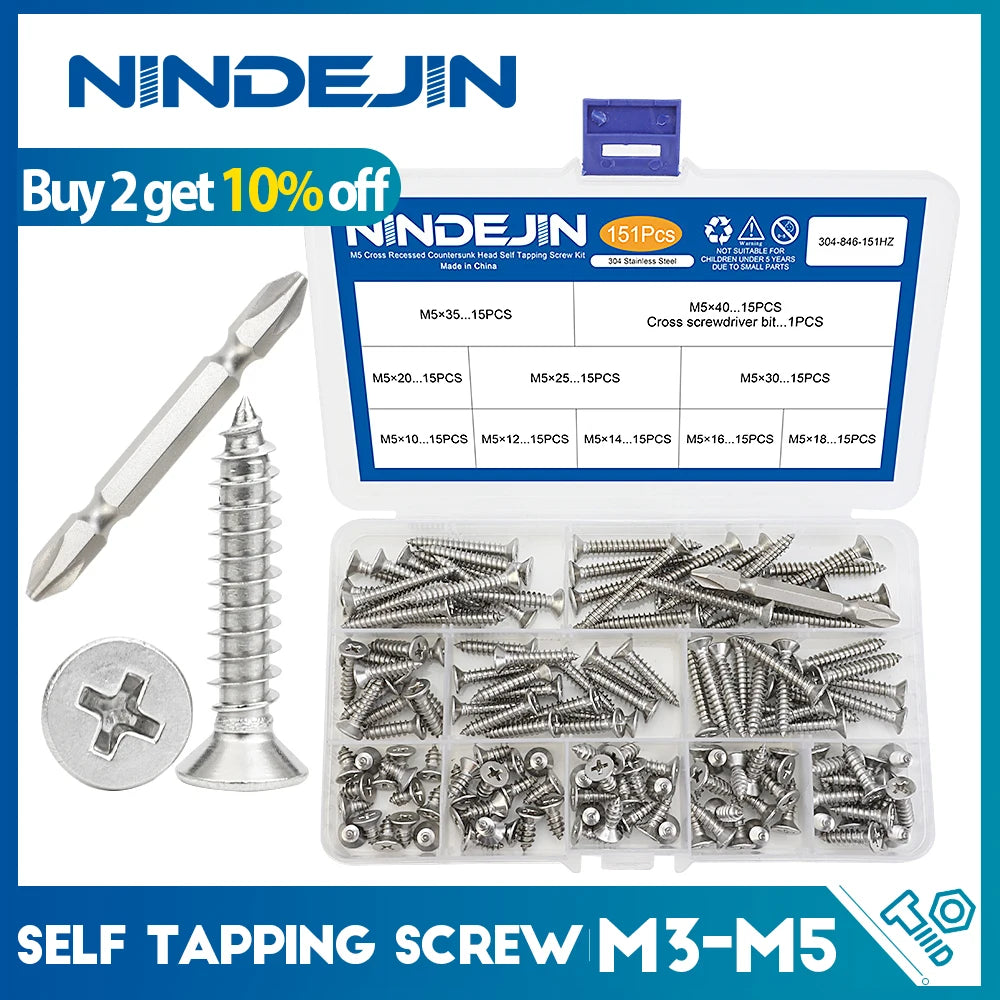 NINDEJIN Self Tapping Screw Set M3 M4 M5 Cross Flat Head Phillips Screw Assorted Kit Stainless Steel Wood Screw for metal sheet