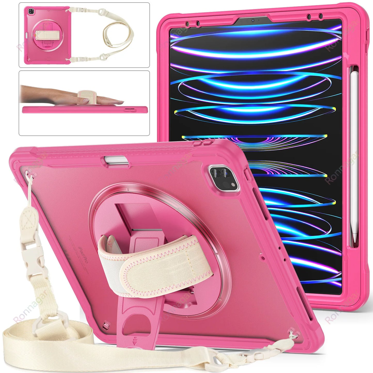 Heavy Duty Case for iPad Pro 11 Inch M1 M2 iPad Pro 12.9 Case iPad7 8 9th 10.2 10th Air4 5 10.9 5/ 6th 9.7 Cover Shoulder strap