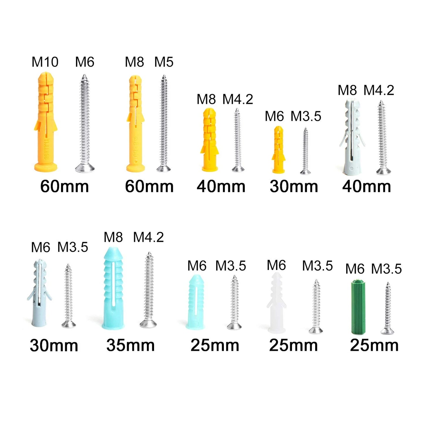 482pcs/set Plastic Expansion Drywall Anchor Set with Self Tapping Screw M3.5 M4.2 M5 M6 Wall Anchor Expansion Tube