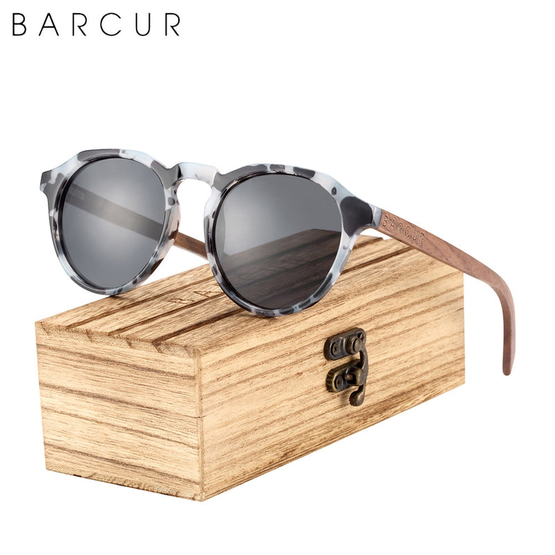 BARCUR Retro Polarized Brand Design Walnut Wood Temple Women Sunglasses Round Plastic Frame Men Glasses UV400 Free Wood Case - KiwisLove