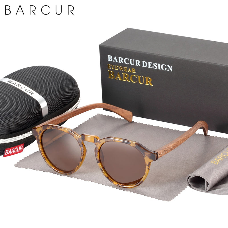 BARCUR Retro Brand Design Walnut Wood Temple Polarized Women Sunglasses Round Frame Men Glasses UV400 - KiwisLove