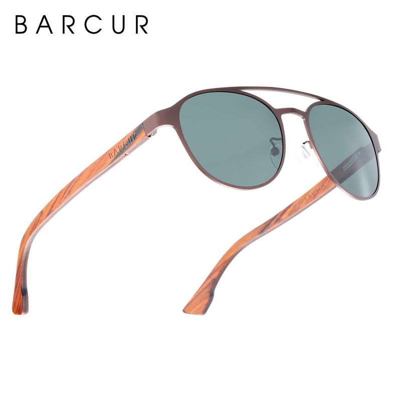 BARCUR Fashion Round Design Women Sunglasses Metal Frame Polarized Lens Laminated Ebony Wood Temple Man Sun Glasses UV400 - KiwisLove