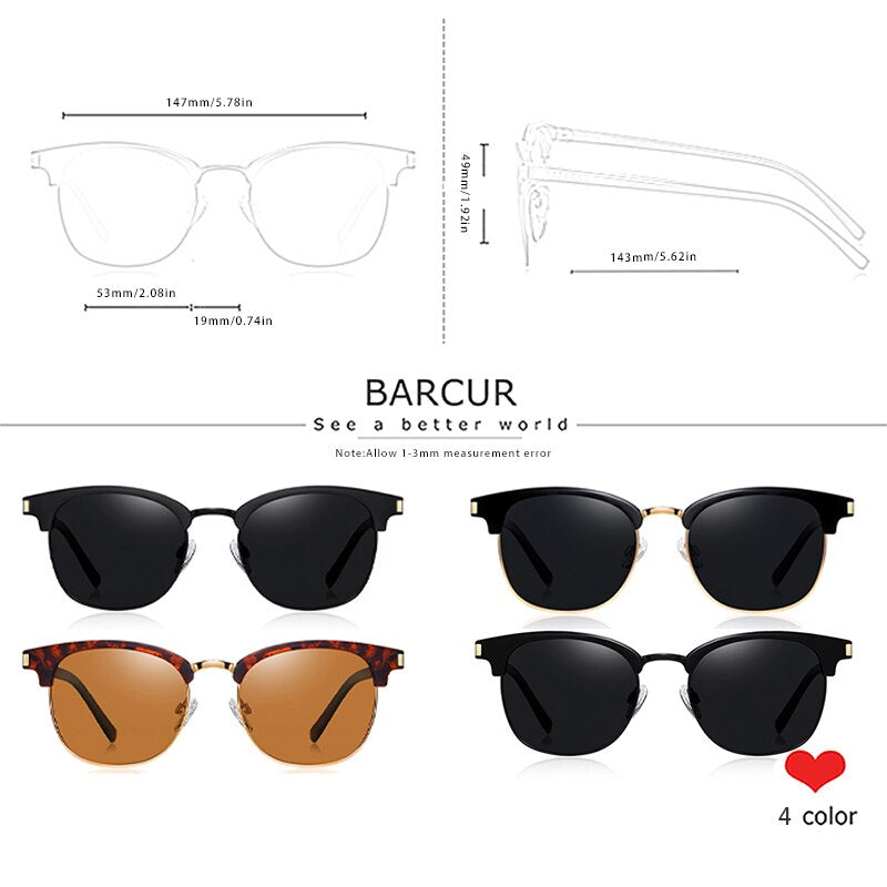 BARCUR Retro Semi-Rimless Women Sun Glasses Men Classic Fashion Sunglasses Polarized Shades Female Driving UV400 - KiwisLove