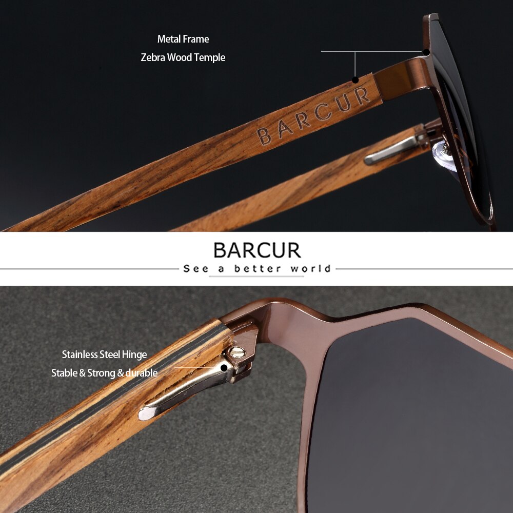 BARCUR Polarized Brand Design Zebra Wood Temple Women Sunglasses Hexagon Metal Frame Men Glasses UV400 Free Wood Case - KiwisLove