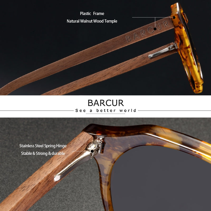 BARCUR Retro Brand Design Walnut Wood Temple Polarized Women Sunglasses Round Frame Men Glasses UV400 - KiwisLove