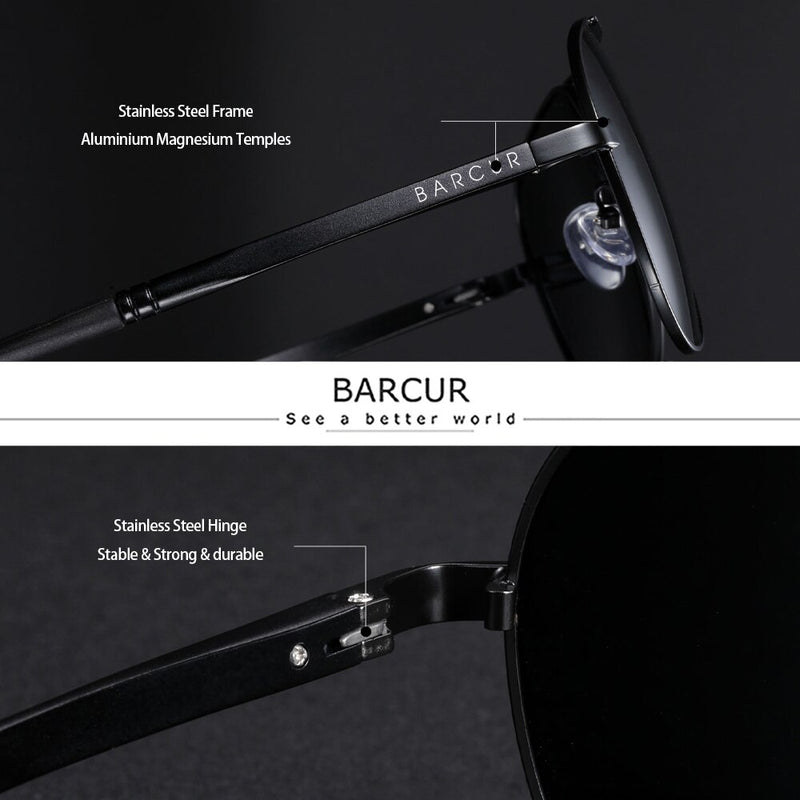 BARCUR Design Aluminium Magnesium Temples Steel Frame Men Polarized Sunglasses Utralight Eaywear Sun Glasses UV400 - KiwisLove