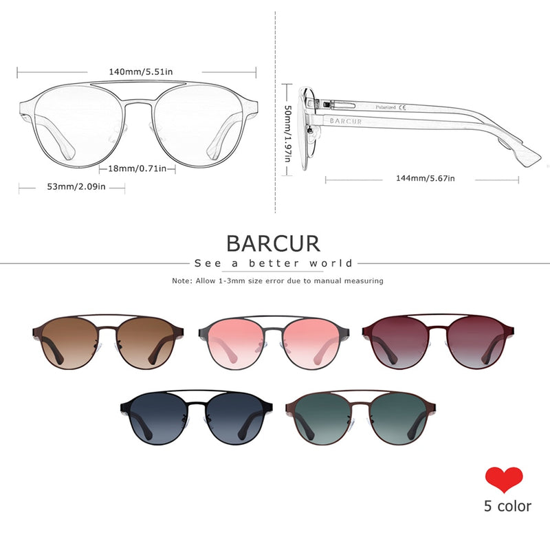 BARCUR Fashion Round Design Women Sunglasses Metal Frame Polarized Lens Laminated Ebony Wood Temple Man Sun Glasses UV400 - KiwisLove