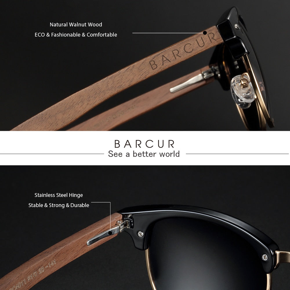 BARCUR Classic Black Walnut Wood Sunglasses Men Polarized Sun Glasses Women Handmade Wood Eyewear Oculos - KiwisLove