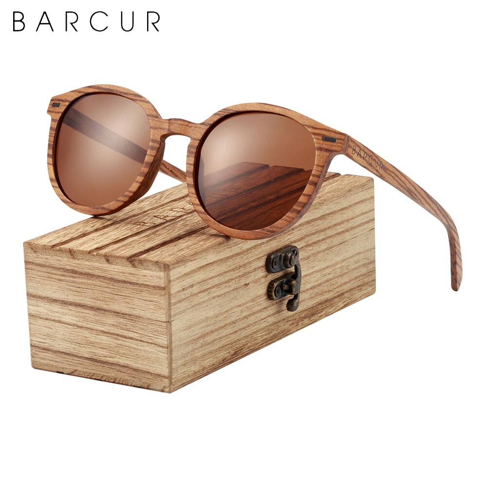 BARCUR Retro Deisgn Stylish Cat Eey Zebra Wood Sunglasses Round Polarized Men Women Sun glasses UV400 Protection Wood Box - KiwisLove