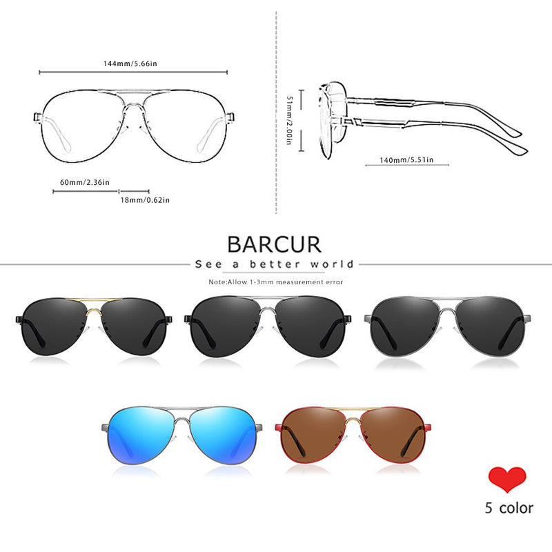 BARCUR Brand Design Fashion Polarized Men Women Classic Sunglasses Pilot Style Lens Eyewear Accessories Sun Glass Driving UV400 - KiwisLove