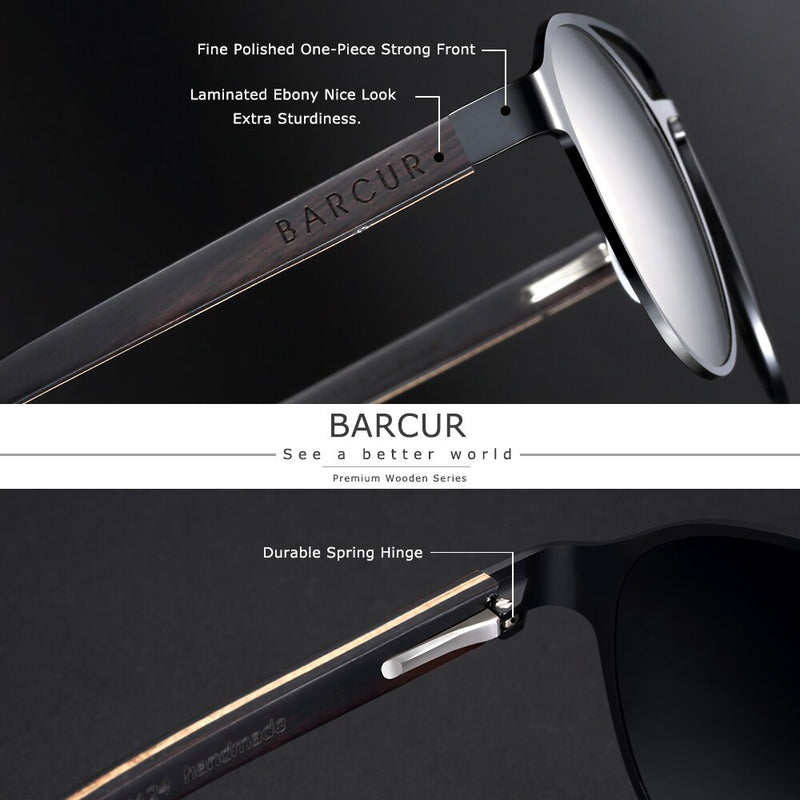 BARCUR Fashion Round Design Women Sunglasses Metal Frame Polarized Lens Laminated Ebony Wood Temple Man Sun Glasses UV400 - KiwisLove