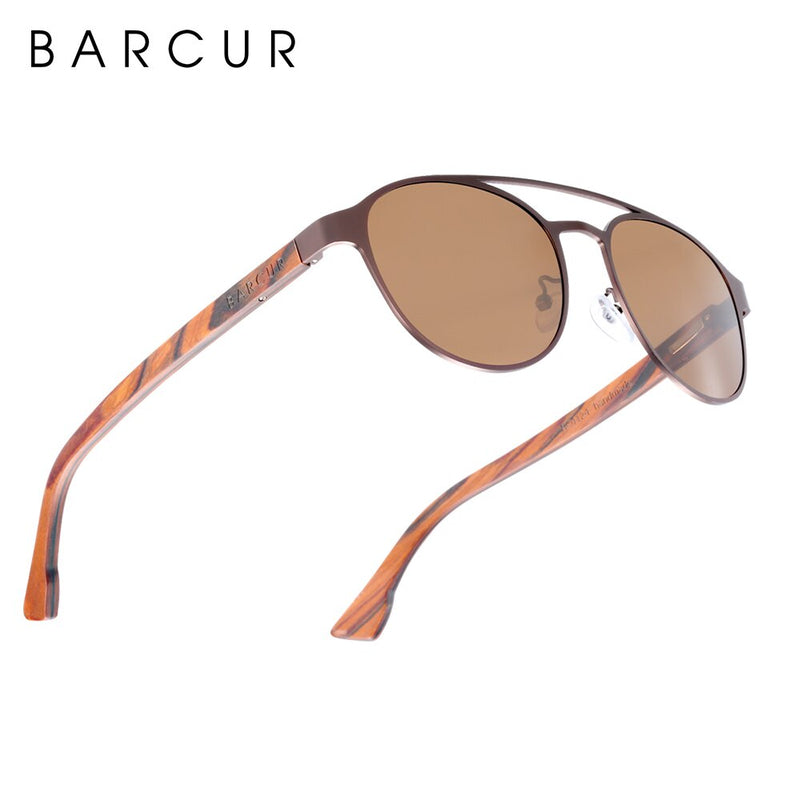 BARCUR Fashion Round Design Women Sunglasses Metal Frame Polarized Lens Laminated Ebony Wood Temple Man Sun Glasses UV400 - KiwisLove