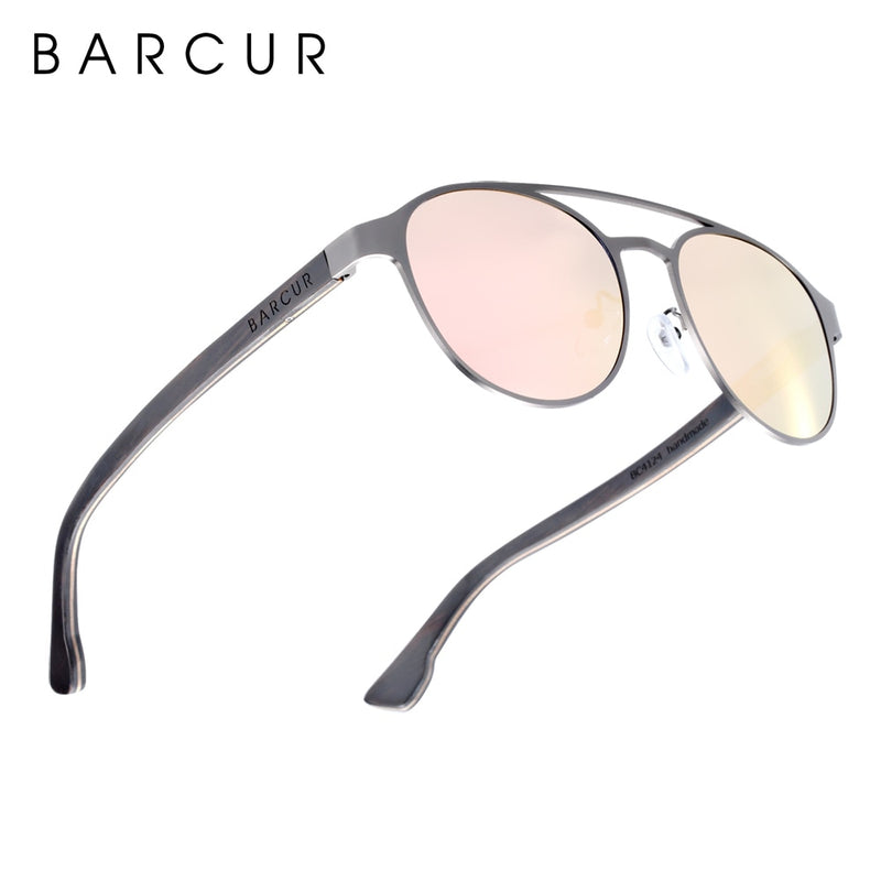 BARCUR Fashion Round Design Women Sunglasses Metal Frame Polarized Lens Laminated Ebony Wood Temple Man Sun Glasses UV400 - KiwisLove