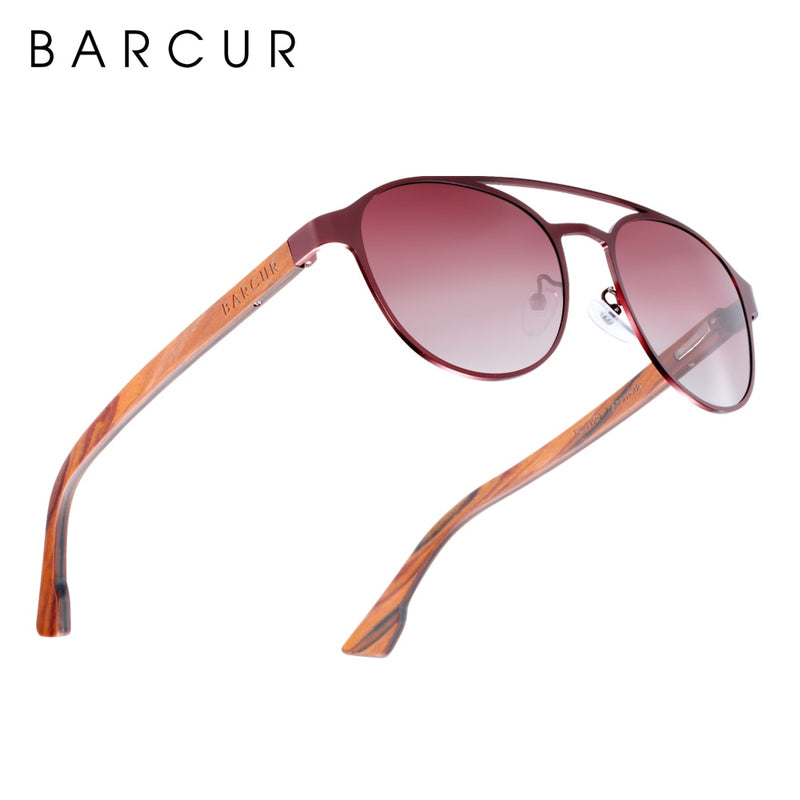 BARCUR Fashion Round Design Women Sunglasses Metal Frame Polarized Lens Laminated Ebony Wood Temple Man Sun Glasses UV400 - KiwisLove