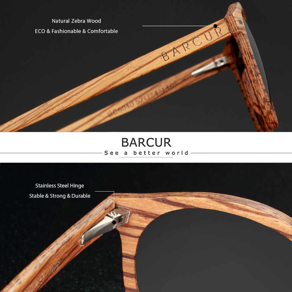 BARCUR Retro Deisgn Stylish Cat Eey Zebra Wood Sunglasses Round Polarized Men Women Sun glasses UV400 Protection Wood Box - KiwisLove
