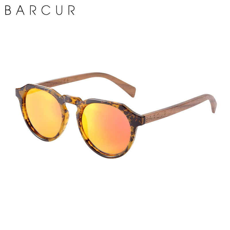 BARCUR Retro Brand Design Walnut Wood Temple Polarized Women Sunglasses Round Frame Men Glasses UV400 - KiwisLove