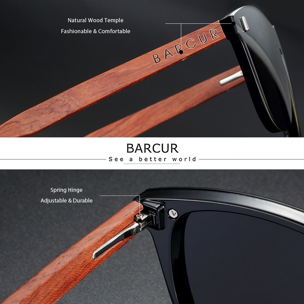 BARCUR Natural Wood Temple Brand Designer Sun Glasses Men Polarized Women Fashion Sunglasses Mirror Shades UV400 Free Wood Box - KiwisLove