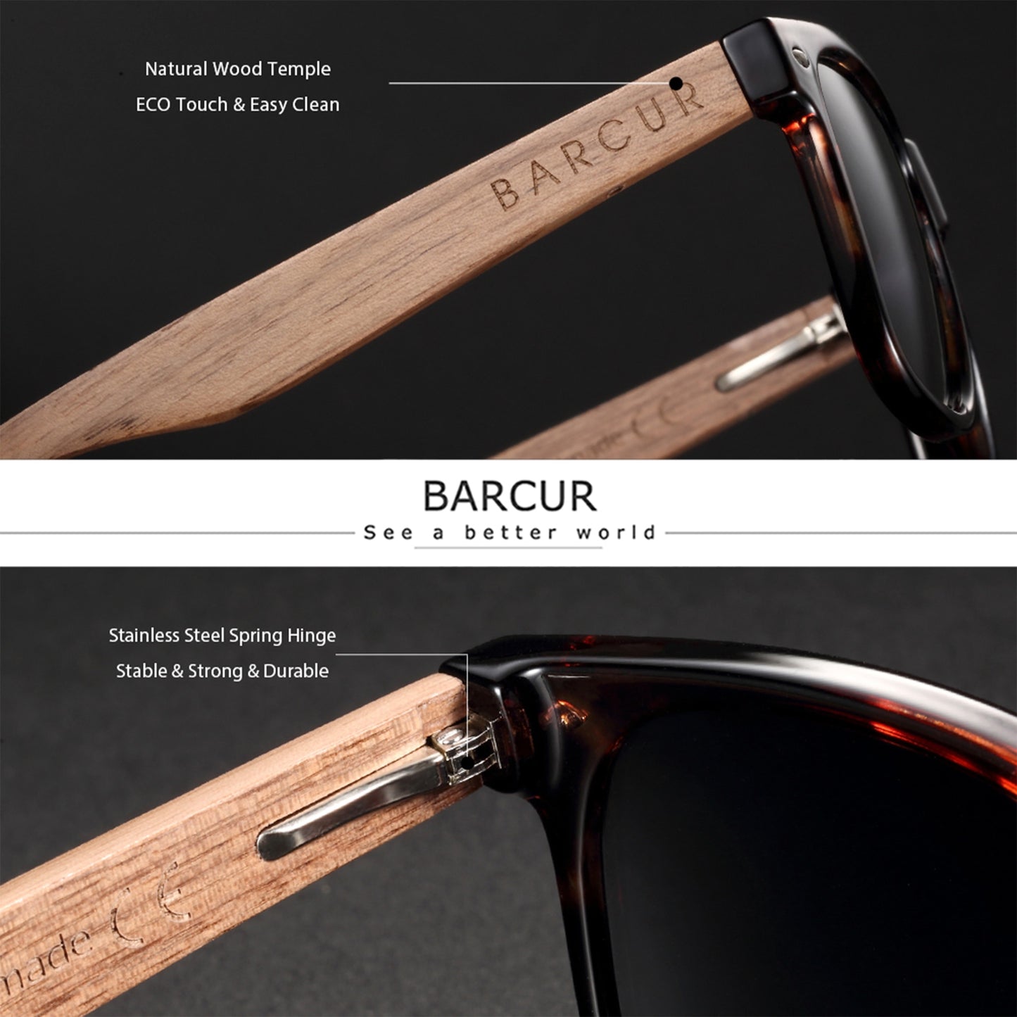 BARCUR Black Sunglasses for Men Sun Glasses Polarized Sunshade Natural Wood Sunglasses Men Eyeglasses Oculos - KiwisLove