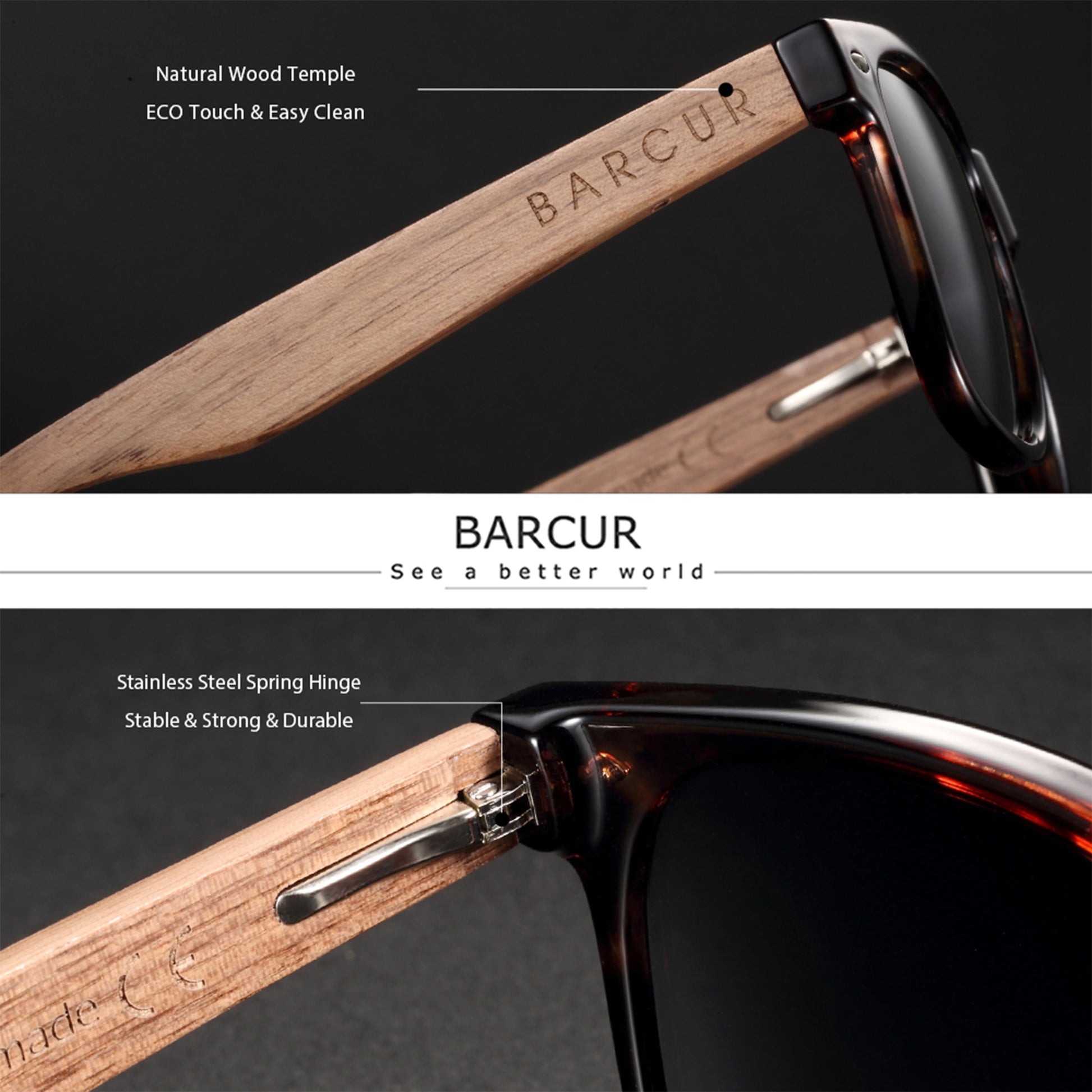 BARCUR Black Sunglasses for Men Sun Glasses Polarized Sunshade Natural Wood Sunglasses Men Eyeglasses Oculos - KiwisLove