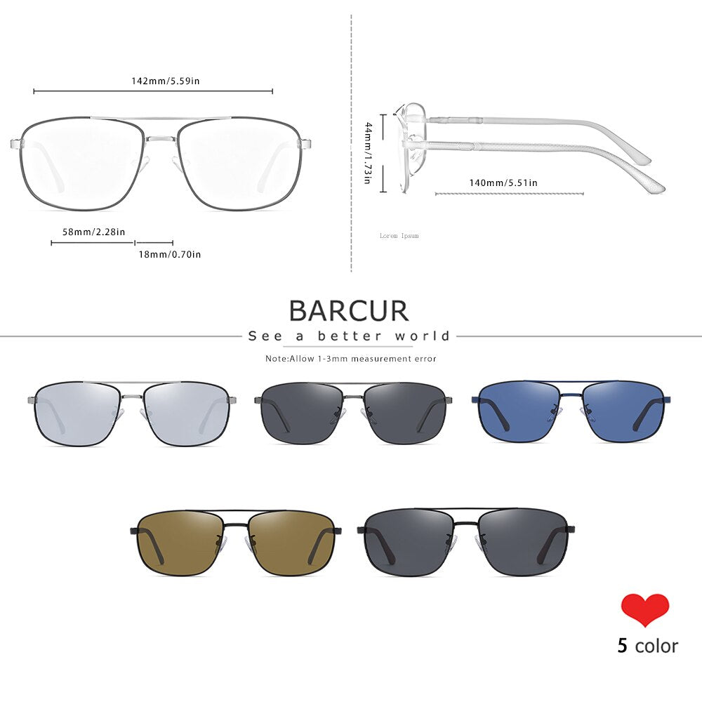 BARCUR Square Retro Sunglasses Stainless Steel Frame Rubber Temple Polarized Men Sun Glasses Driving UV400 Protection - KiwisLove