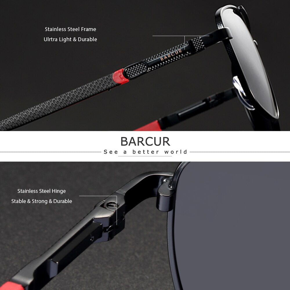 BARCUR Square Retro Sunglasses Stainless Steel Frame Rubber Temple Polarized Men Sun Glasses Driving UV400 Protection - KiwisLove