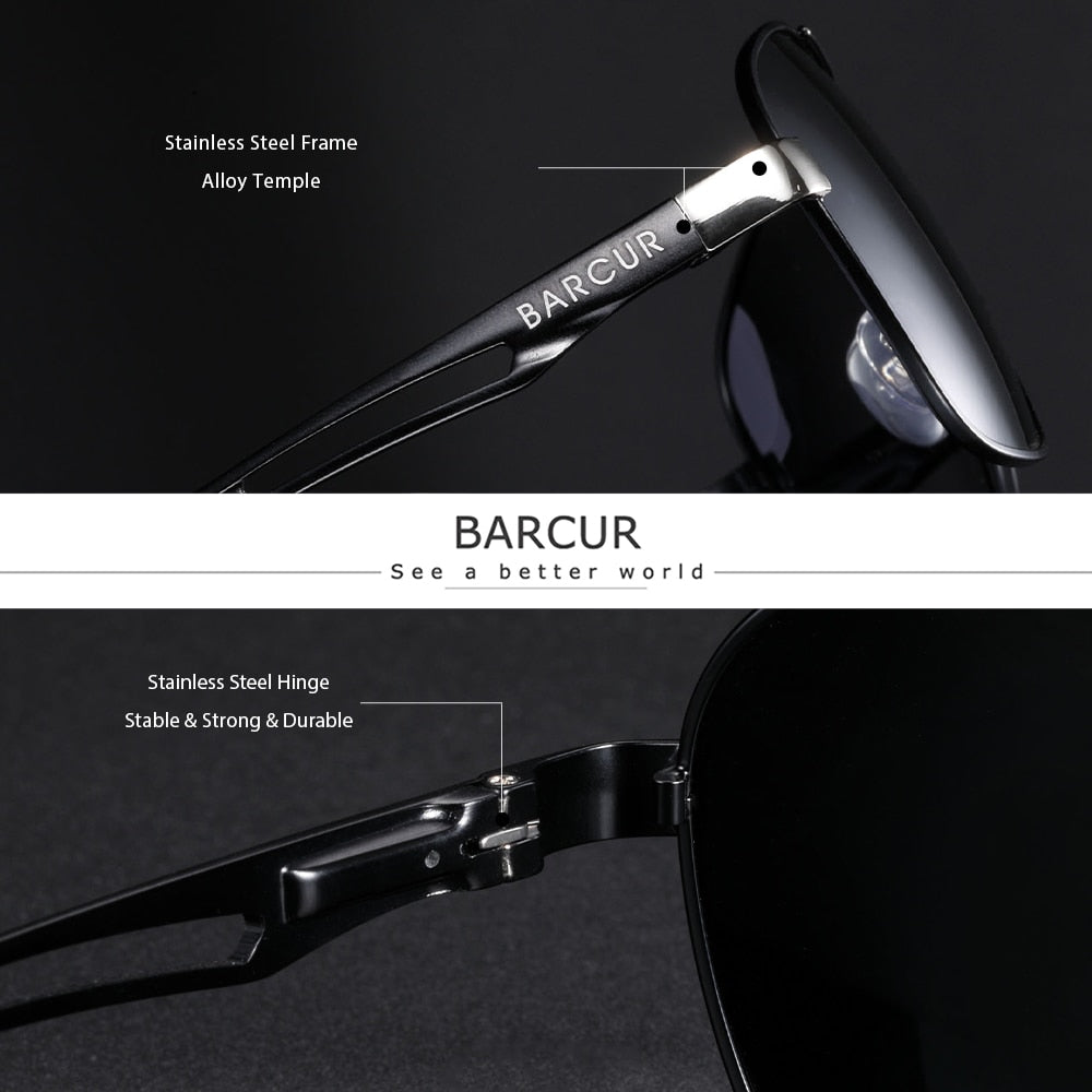 BARCUR Pilot Night View Sunglasses Metal Frame Men Polarized Sun Glasses Driving Eyewear Trend Styles UV400 Protection - KiwisLove
