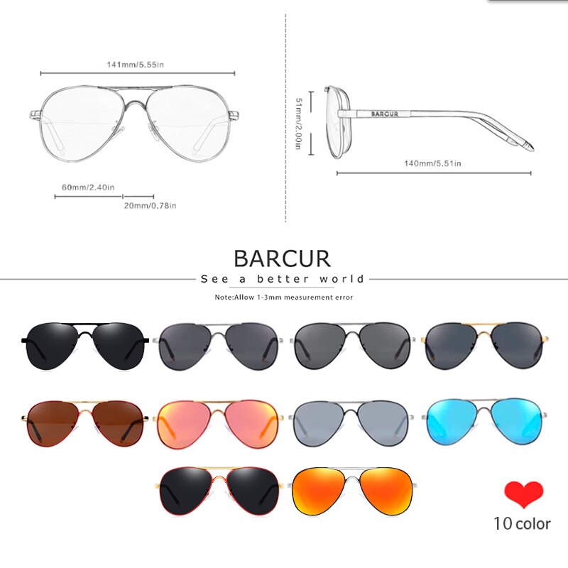 BARCUR Classic Pilot Men Sunglasses Polarized Women Sun Glasses Eyewear Gafas De Sol Shades - KiwisLove