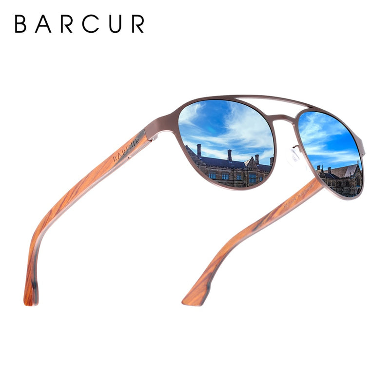 BARCUR Fashion Round Design Women Sunglasses Metal Frame Polarized Lens Laminated Ebony Wood Temple Man Sun Glasses UV400 - KiwisLove