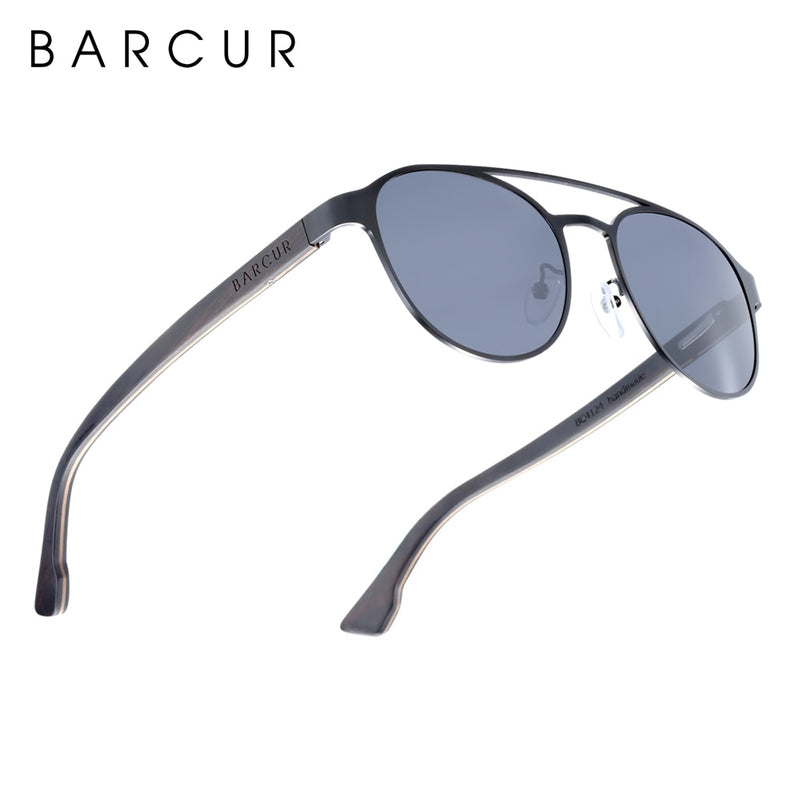 BARCUR Fashion Round Design Women Sunglasses Metal Frame Polarized Lens Laminated Ebony Wood Temple Man Sun Glasses UV400 - KiwisLove