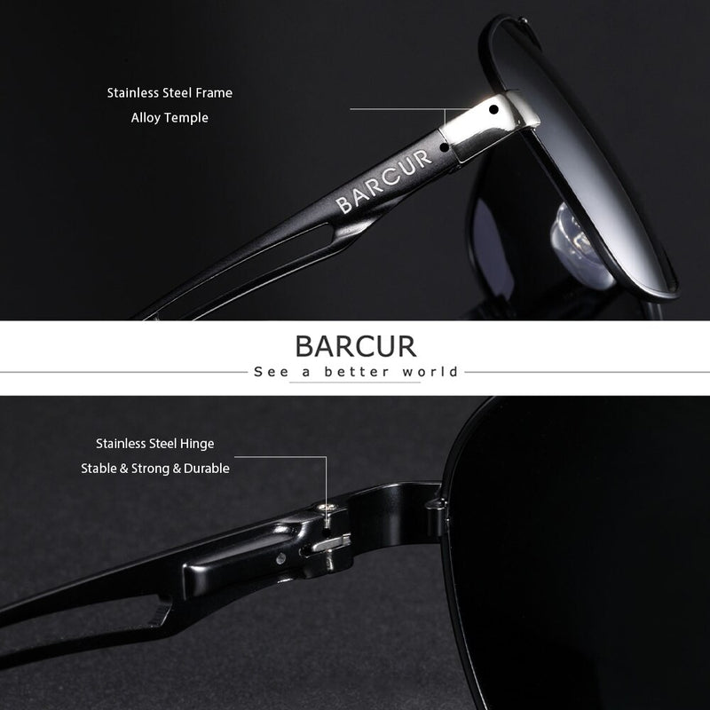 BARCUR Design Pilot Sunglasses Metal Frame Men Polarized Sun Glasses Mirror Eyewear Trend Styles UV400 Protection - KiwisLove