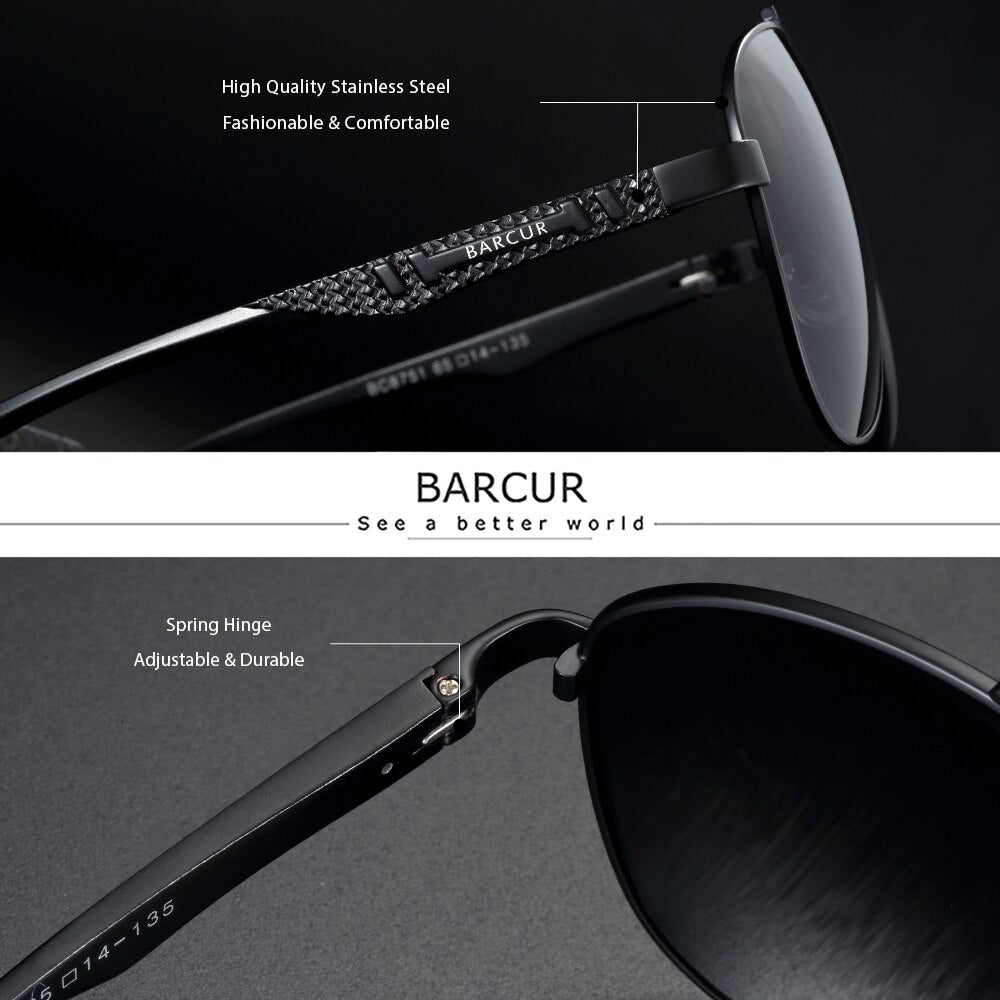 BARCUR Brand Design Stainless Steel Frame Sunglasses Polarized Men Sun Glasses Women Pilot Eyewear Driving Mirror Shades UV400 - KiwisLove