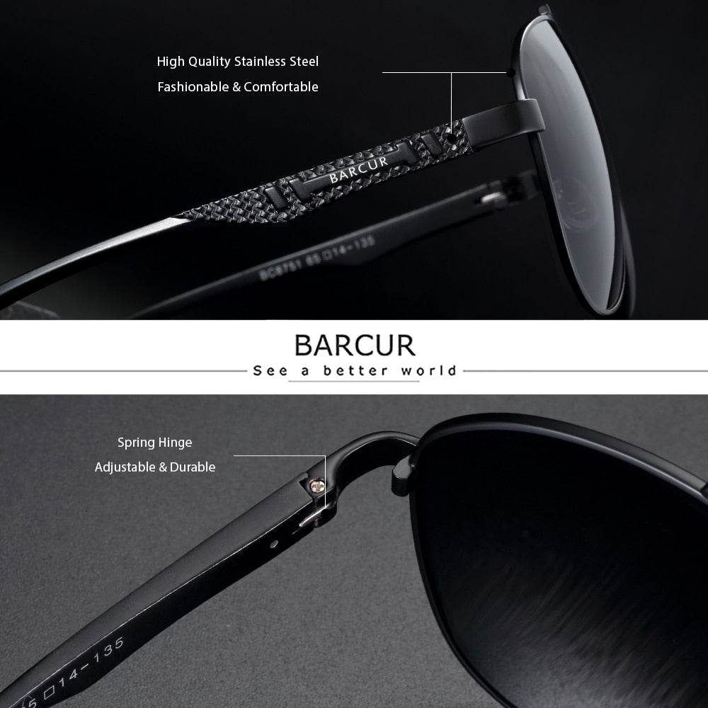 BARCUR Brand Design Stainless Steel Frame Sunglasses Polarized Men Sun Glasses Women Pilot Eyewear Driving Mirror Shades UV400 - KiwisLove