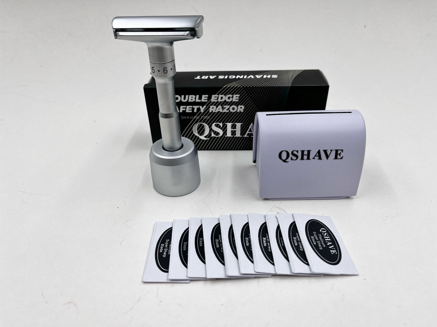 QShave Adjustable Safety Razor Kit – Razor, Stand, Blade Case & 10 Blades