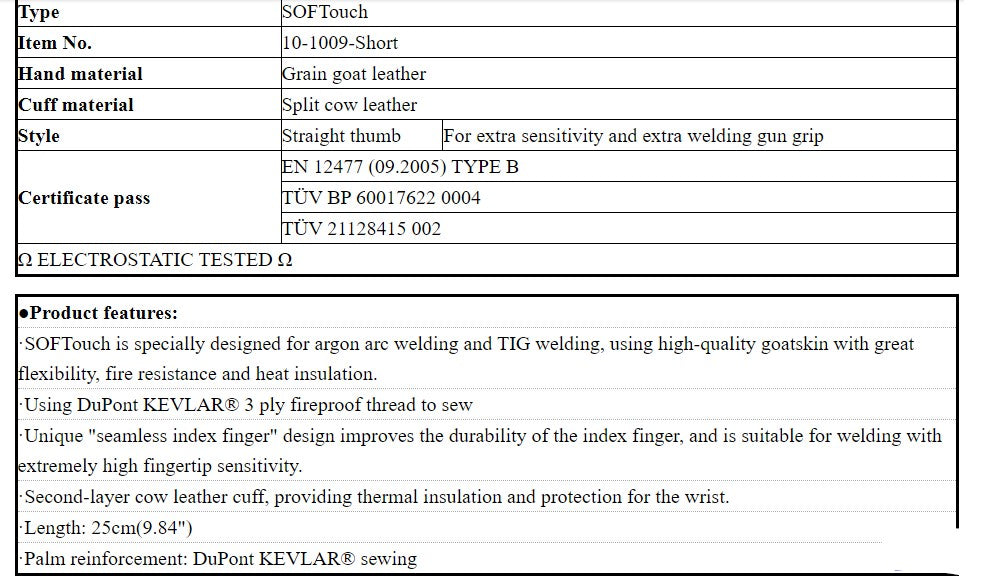 Pair TIG Welding Gloves Goatskin Palm Cowhide Cuff Soft Sensitive - KiwisLove