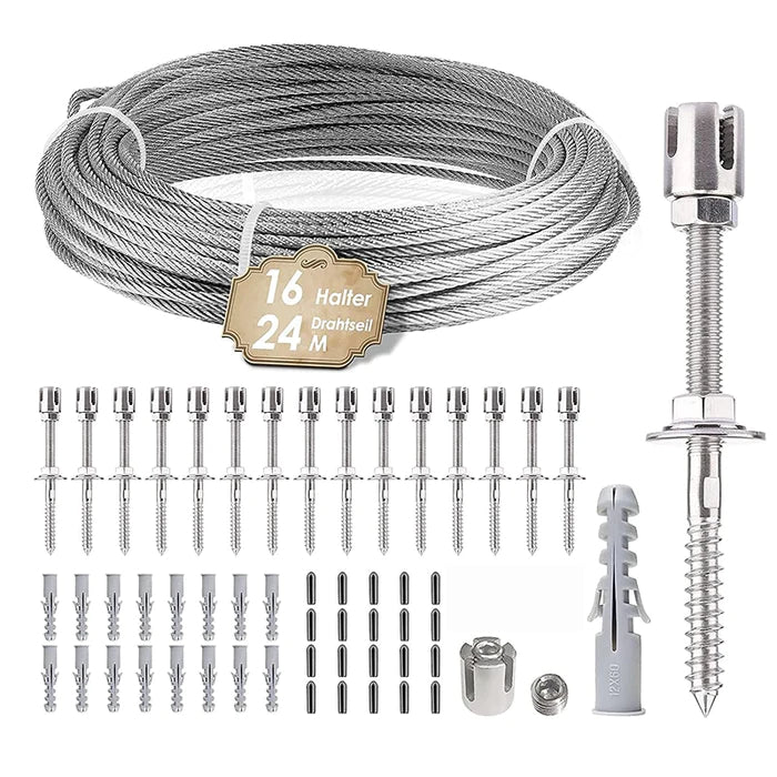 Stainless Steel Cable Trellis Kit for Climbing Plants 24M Rope with 16 Wall Brackets - KiwisLove