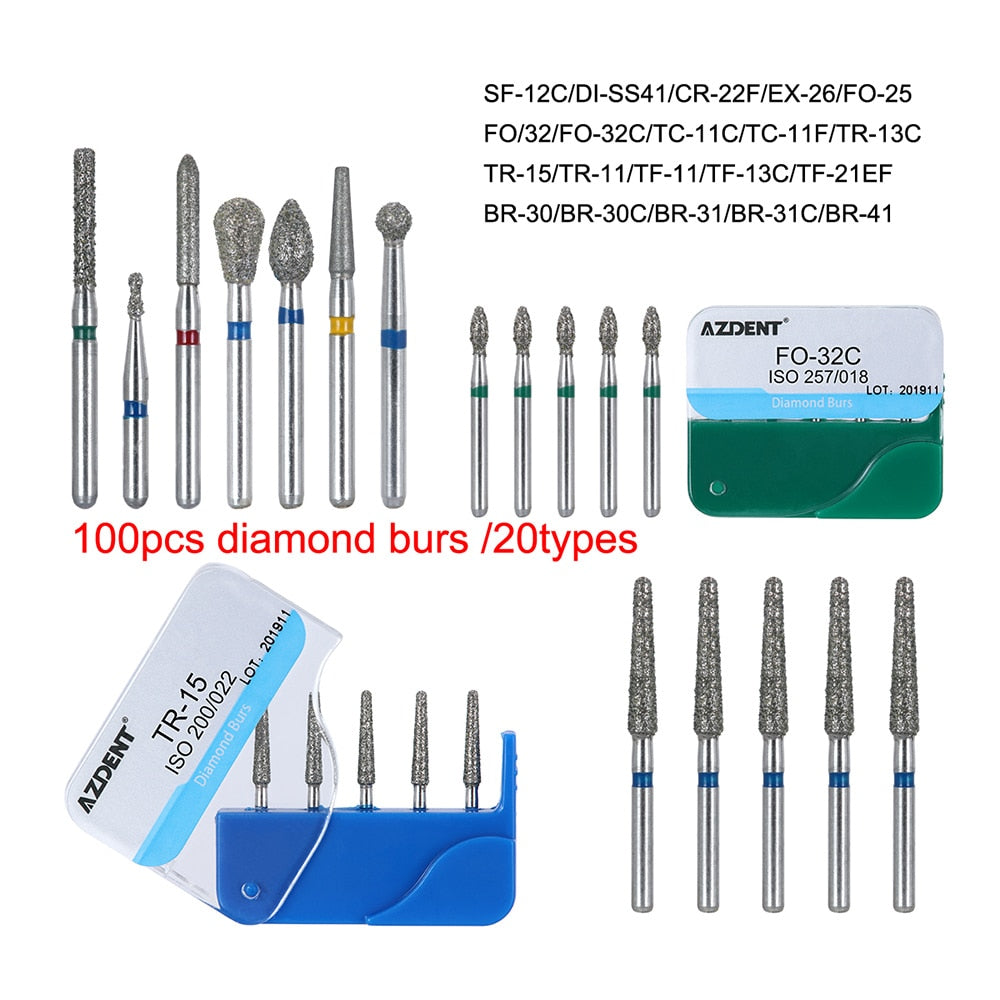 AZDENT 100pcs/20Boxes Dental Diamond Burs Drill for Teeth Porcelain Ceramics Composite Polishing High Speed Handpiece Dia.1.6mm - KiwisLove