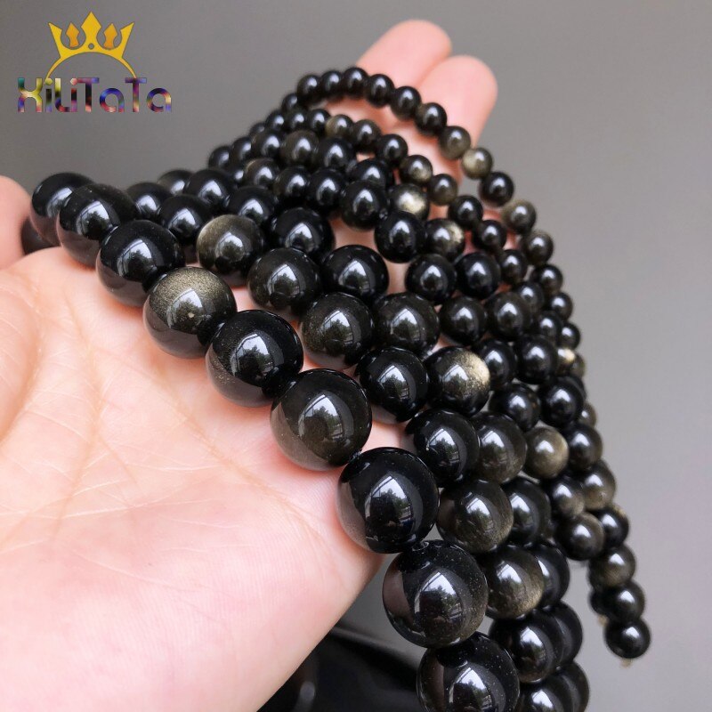 Natural Stone Beads Gold Obsidian Round Loose Beads For Jewelry Making DIY Bracelet Ear Studs Accessories 7.5&#39;&#39; 6/8/10/12mm - KiwisLove