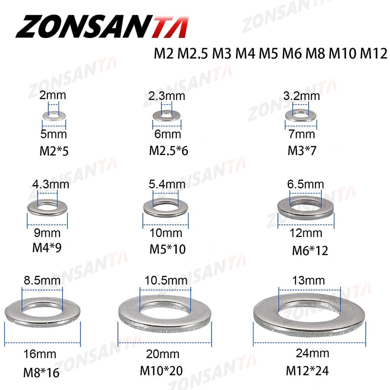 550/730pcs Flat Washer Set Stainless Steel Sealing Solid Ring Plain Gasket Kit M2 M2.5 M3 M4 M5 M6 M8 M10 M12 Assortment Kit - KiwisLove