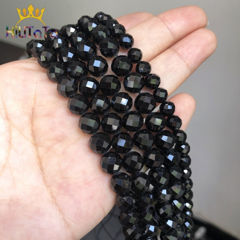 Natural Faceted Stone Black Tourmaline Loose Spacer Beads For Jewelry Making DIY Bracelet Earrings Accessories 6mm/8mm 7.5&#39;&#39;