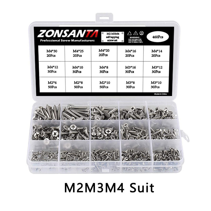 ZONSANTA M2 M3 M4 Self Tapping Screw Cross Countersunk Head Wood Screw Set 304 stainless steel Phillips Flat Head Screws DIY - KiwisLove