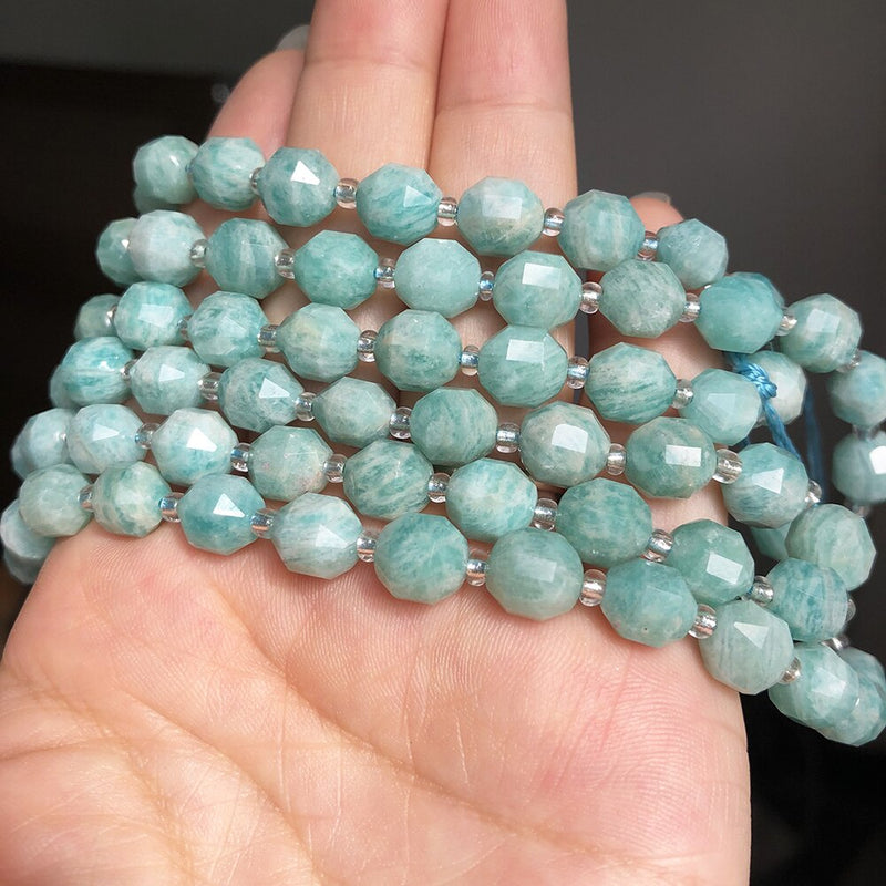 Natural Faceted Genuine Amazonite Loose Stone Beads For Jewelry Making Round Spacer Beads DIY Bracelet Accessories 15&#39;&#39; 7.5&#39;&#39;