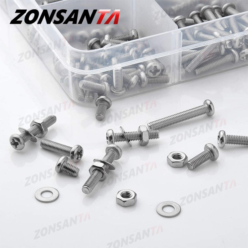 ZONSANTA 480/660pcs Cross Round Head Screw Set M2 M2.5 M3 M4 Nut Washer Stainless Steel Phillips Recessed Pan Head Machine Screw - KiwisLove