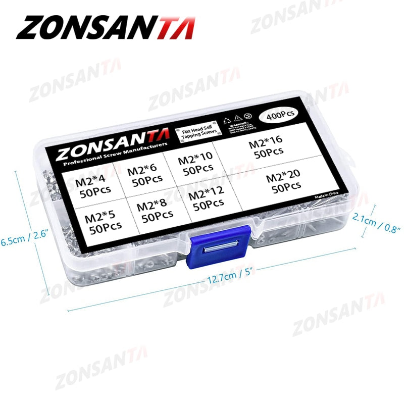 ZONSANTA 400Pcs M2 Cross Flat Head Self Tapping Screw Assortment Kit Wood Thread Nail Screw Sets DIY Countersunk Head Smal Scres - KiwisLove