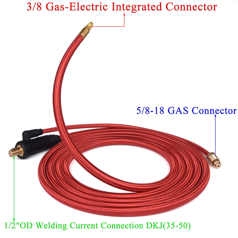3.8m/7.6m WP9 WP17 TIG Welding Torch Gas-Electric Integrated Red Hose Cable Wires 5/8 Quick Connector 35-50 Euro Connector - KiwisLove