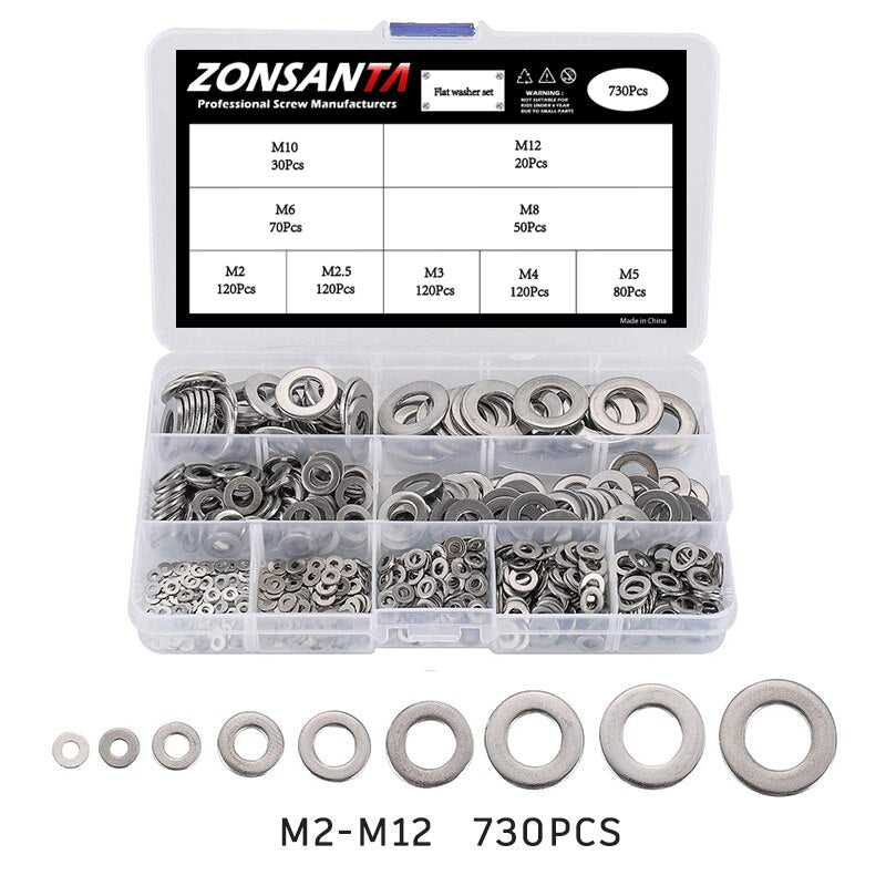 550/730pcs Flat Washer Set Stainless Steel Sealing Solid Ring Plain Gasket Kit M2 M2.5 M3 M4 M5 M6 M8 M10 M12 Assortment Kit - KiwisLove